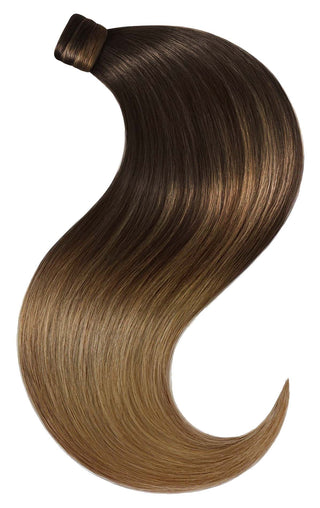EXTENSIONS DE LUXE QUEUE DE CHEVAL Sombre-Balayages Noir & Brun Clair Caramel