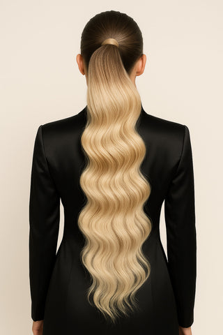 Rubin Extensions Queue de cheval-Extensions cheveux naturels-Sombre Brun Chocolat Foncé & Blond Platine