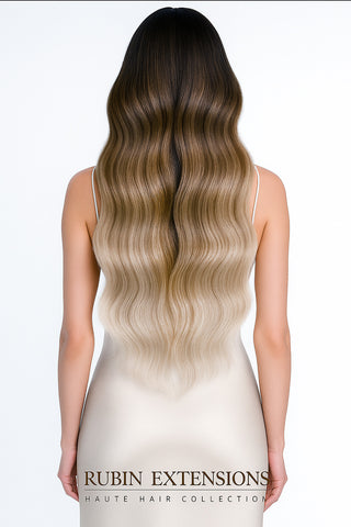 Extensions adhésives 100 % cheveux naturels-Ombré-Balayage Brun Chocolat Foncé & Blond argenté